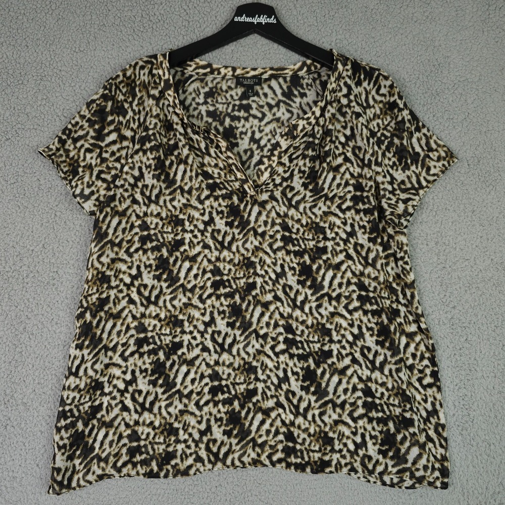 Talbots Top Womens 8 Black Brown Animal Print Silk V Neck Pleated Blouse Career